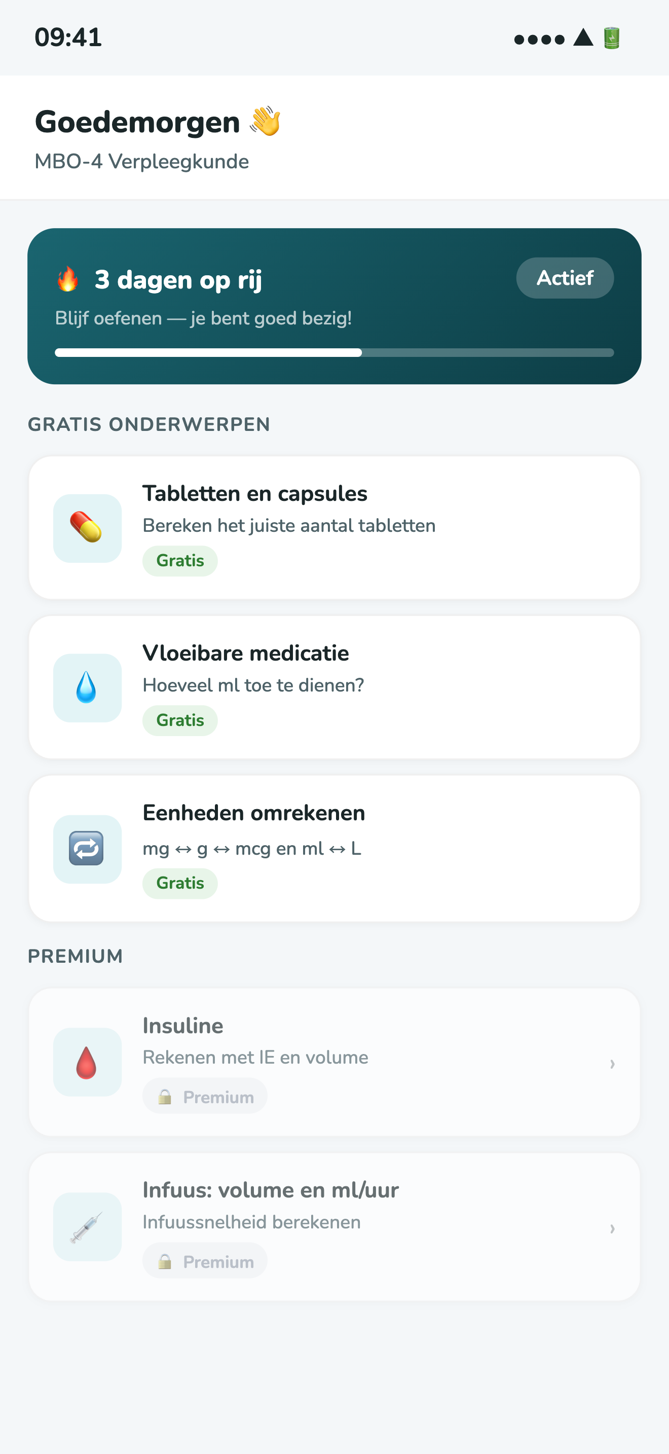 RekenZorg dashboard met gratis en premium onderwerpen voor medisch rekenen