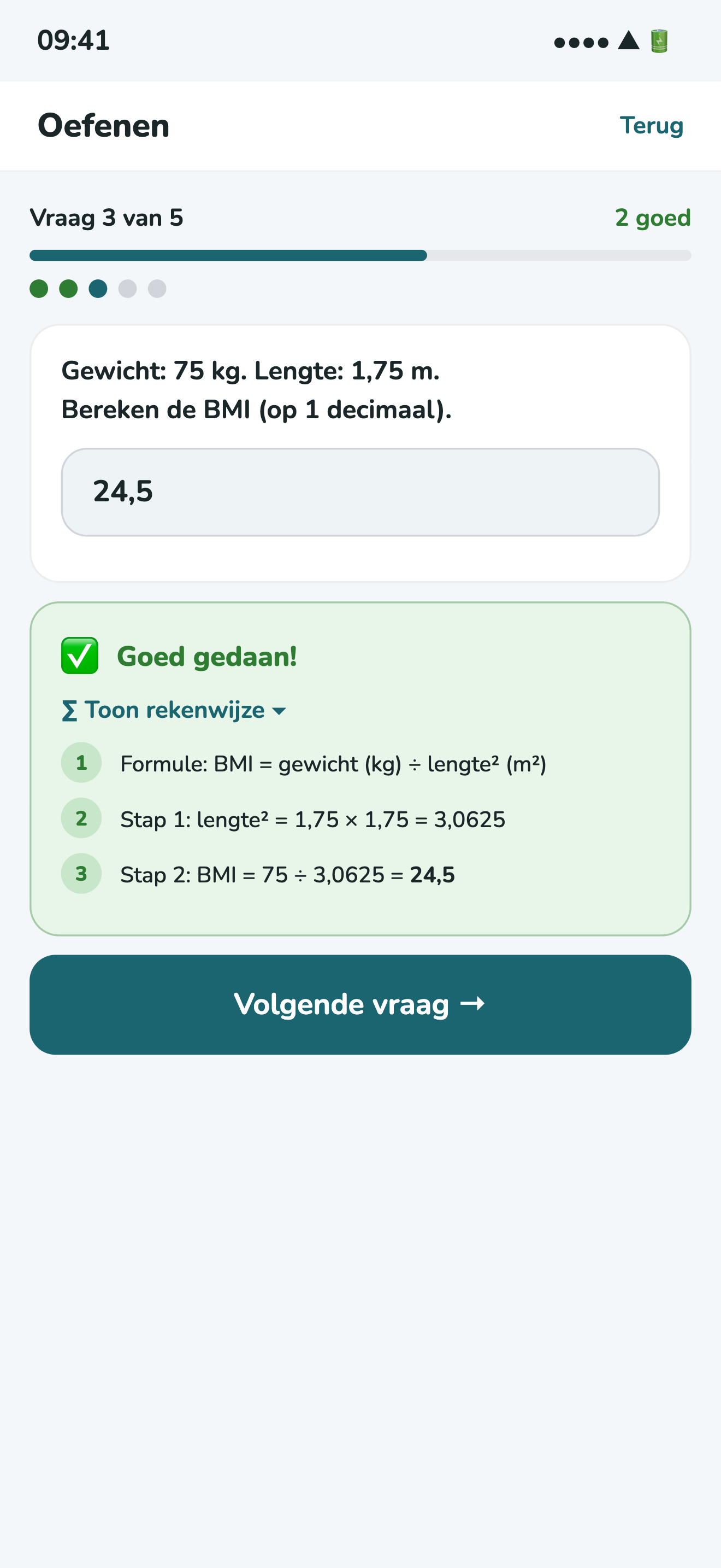 Directe feedback en rekenwijze na een medisch rekenen vraag